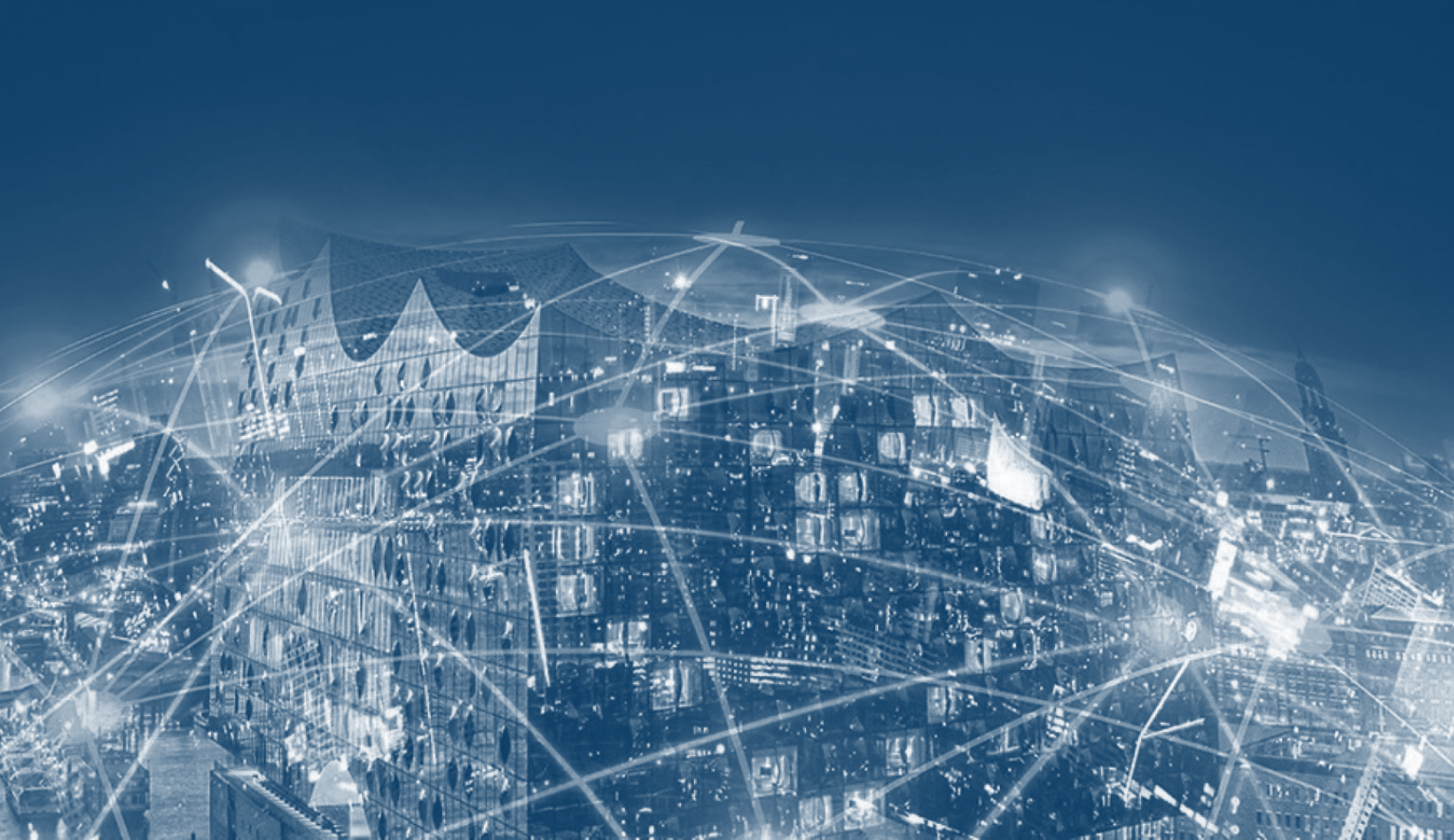 Die Elbphilharmonie mit einem digital Netz darüber dargestellt