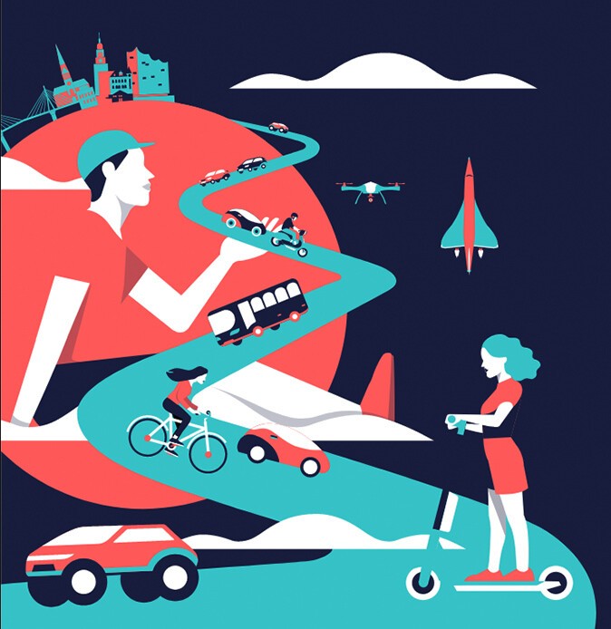 Zeichnung von einer Straße mit Bussen, Rollern, Fährrädern. Die Straße schlängelt sich hoch auf eine abstrakte Weltkugel