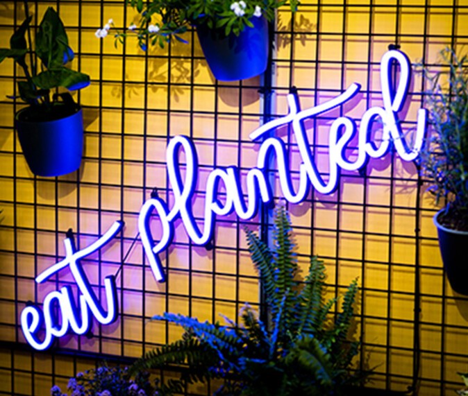 Eine gelbe Wand mit der Neon-Aufschrift "eat planted"
